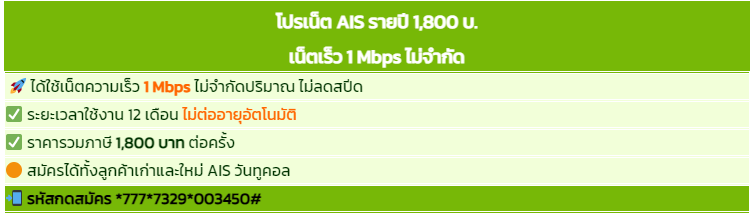 โปรเน็ต AIS ไม่จำกัดปริมาณ ไม่ลดสปีด นาน 12 เดือน