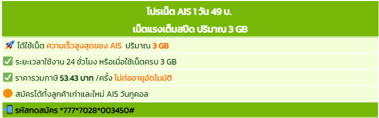 โปรเน็ต AIS รายวัน เน็ตเร็วเต็มสปีด ราคาสุดคุ้ม 